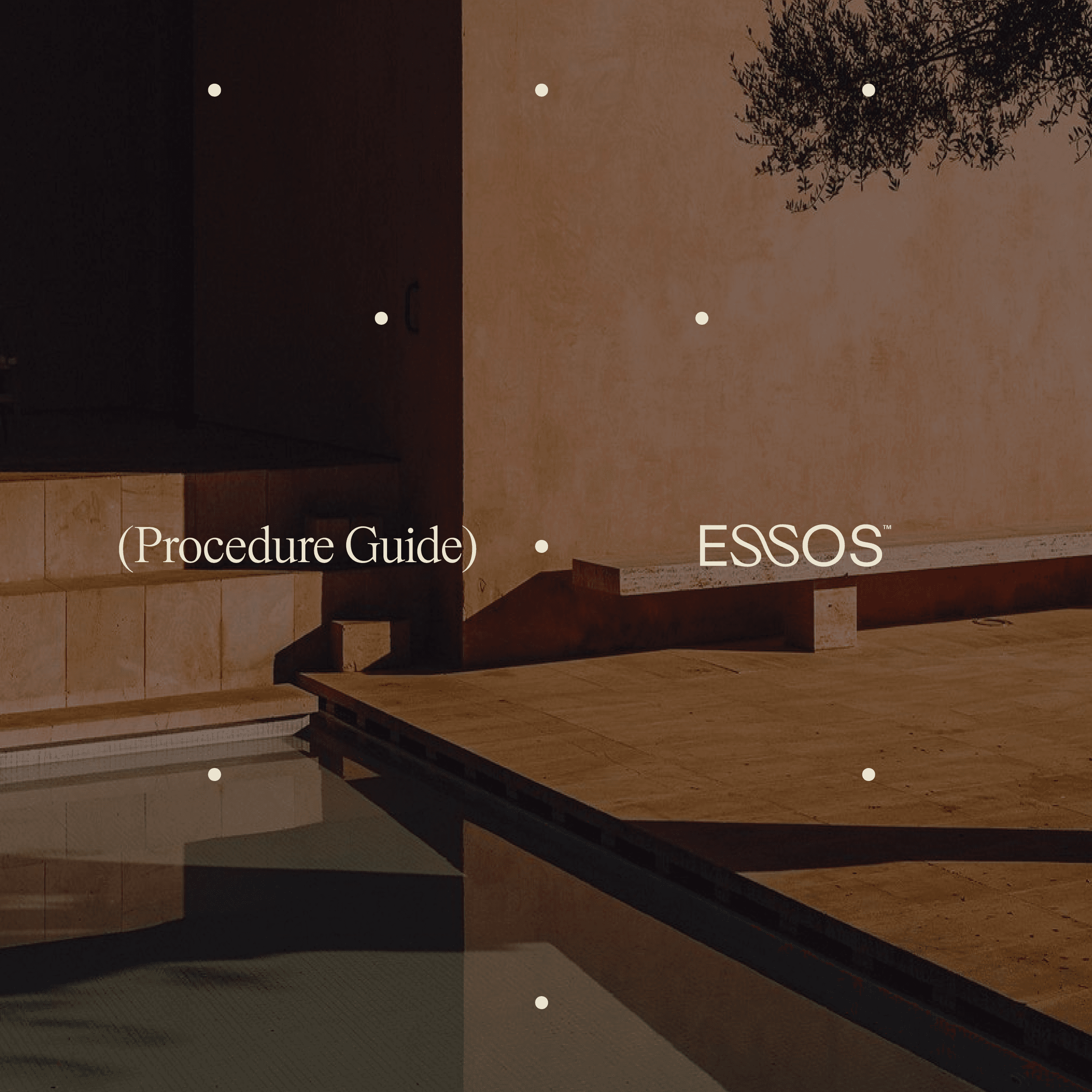 Essos Procedure Guide brand frame — a quiet sunlit travertine courtyard with a reflecting pool and olive branch, with the article category and the Essos wordmark set in serif type.
